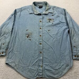 Three Rivers‎ Mens L Denim Button Up Shirt Embroidered Deer Cabin Winter Blue